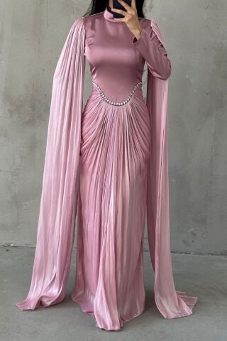 Glittery Touch Sleeve Detailed Hijab Evening Dress Powder Pink
