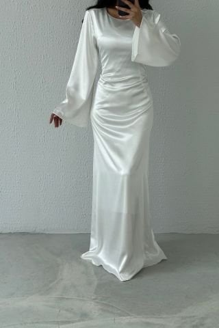 Arkadan Bağlama Detaylı Basic Parlak Saten Tesettür Abiye Ekru