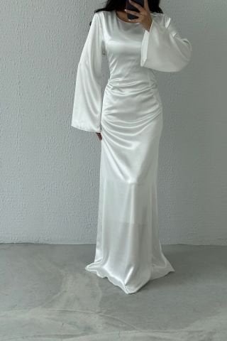 Basic Shiny Satin Hijab Evening Dress Ecru with Back Tie Detail