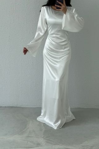 Basic Shiny Satin Hijab Evening Dress Ecru with Back Tie Detail