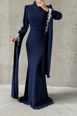 Crepe Fabric Stone Detailed Cape Sleeve Hijab Evening Dress Navy Blue
