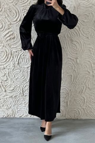 Elegant Velvet Flower Belted Hijab Evening Dress Black