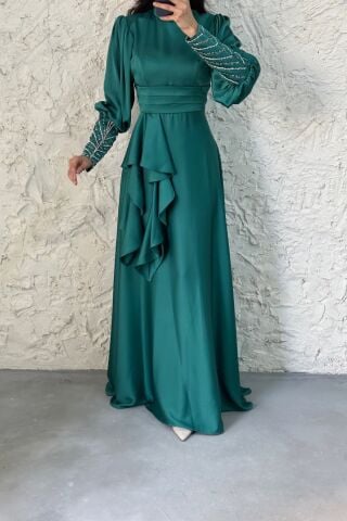 Satin Hijab Evening Dress with Stone Detail on the Sleeve Green