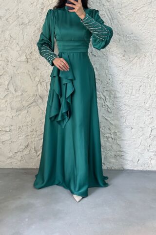 Satin Hijab Evening Dress with Stone Detail on the Sleeve Green