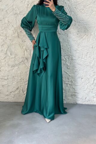 Satin Hijab Evening Dress with Stone Detail on the Sleeve Green