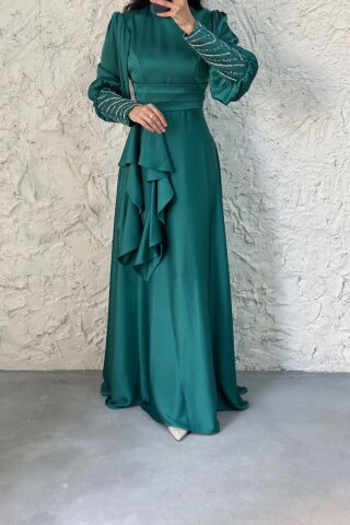 Satin Hijab Evening Dress with Stone Detail on the Sleeve Green