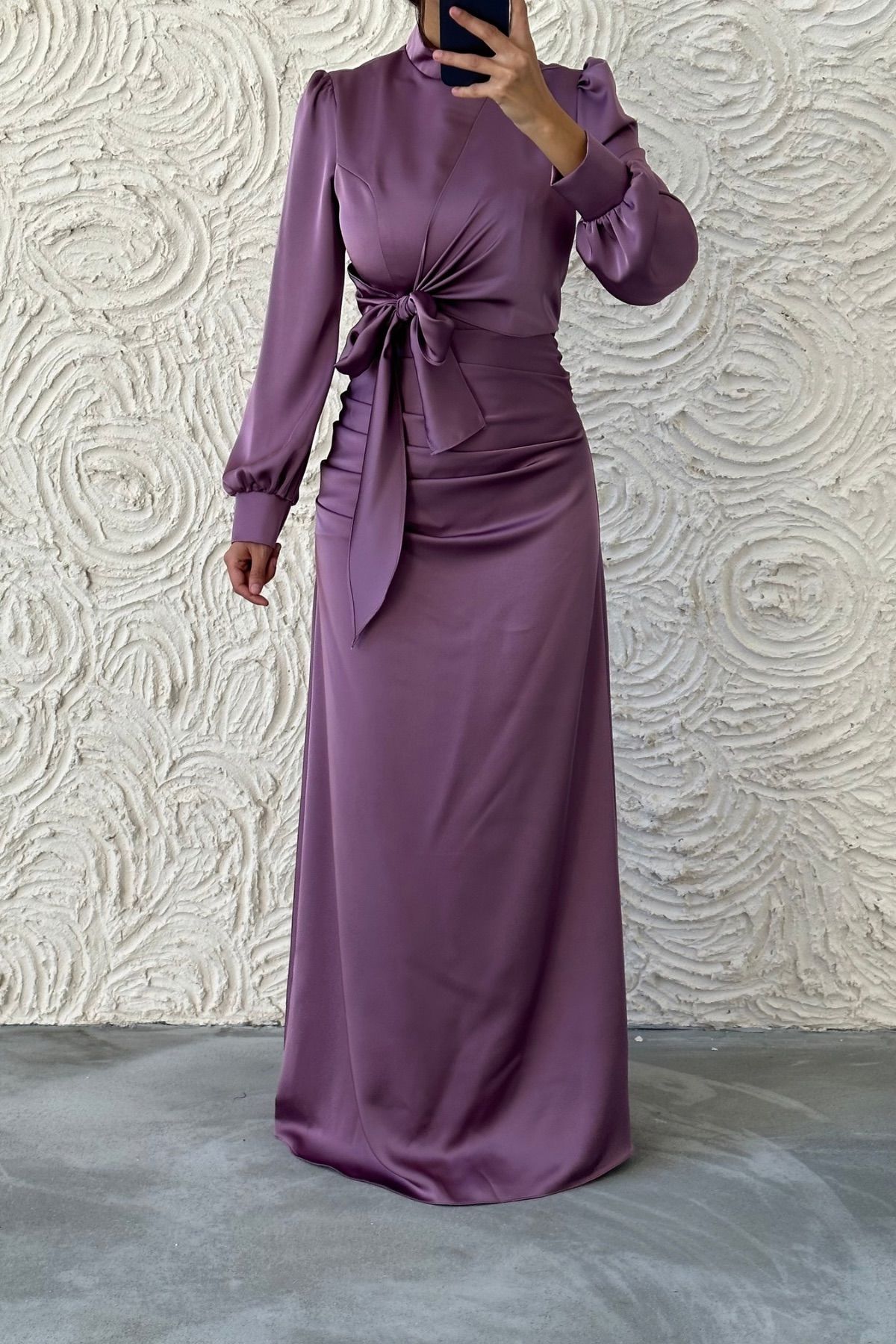 Satin Hijab Evening Dress with Gathering and Knot Detail, Plum