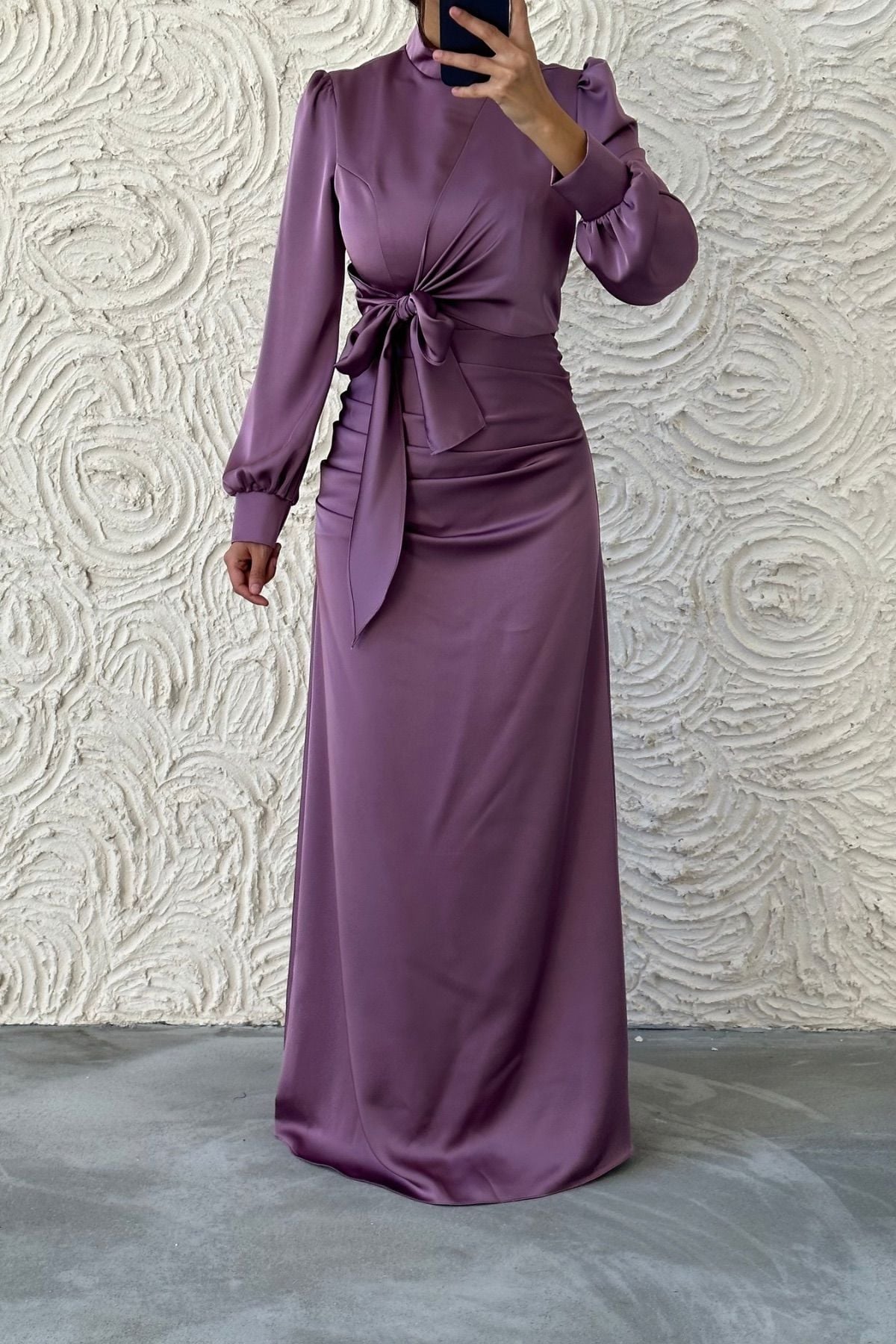Satin Hijab Evening Dress with Gathering and Knot Detail, Plum