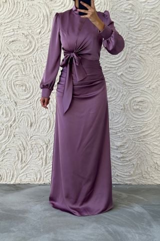 Satin Hijab Evening Dress with Gathering and Knot Detail, Plum