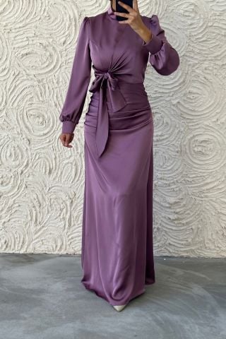 Satin Hijab Evening Dress with Gathering and Knot Detail, Plum