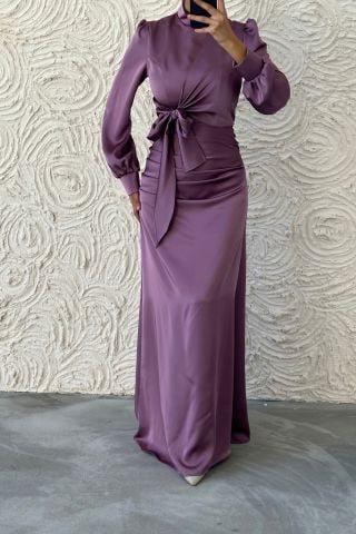Satin Hijab Evening Dress with Gathering and Knot Detail, Plum