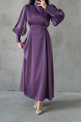 Balloon Sleeve Pearl Detailed Satin Hijab Evening Dress Lilac