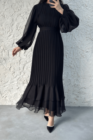 Pleated Layered Janjan Chiffon Hijab Evening Dress Black