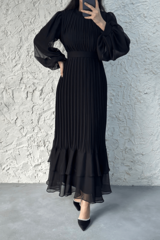 Pleated Layered Janjan Chiffon Hijab Evening Dress Black