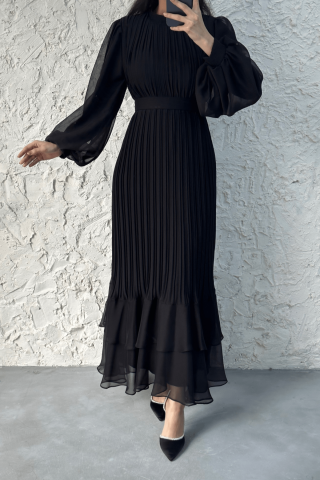 Pleated Layered Janjan Chiffon Hijab Evening Dress Black