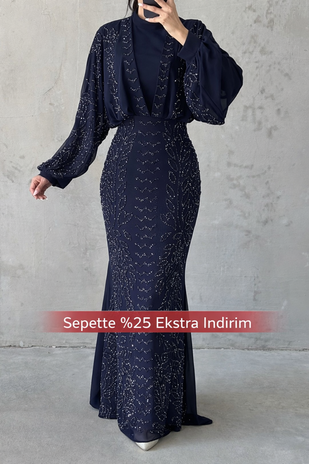 Modern Tasarım Şifon Tesettür Abiye Lacivert