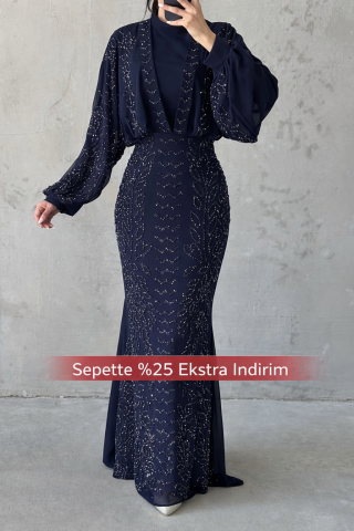 Modern Design Chiffon Hijab Evening Dress Navy Blue