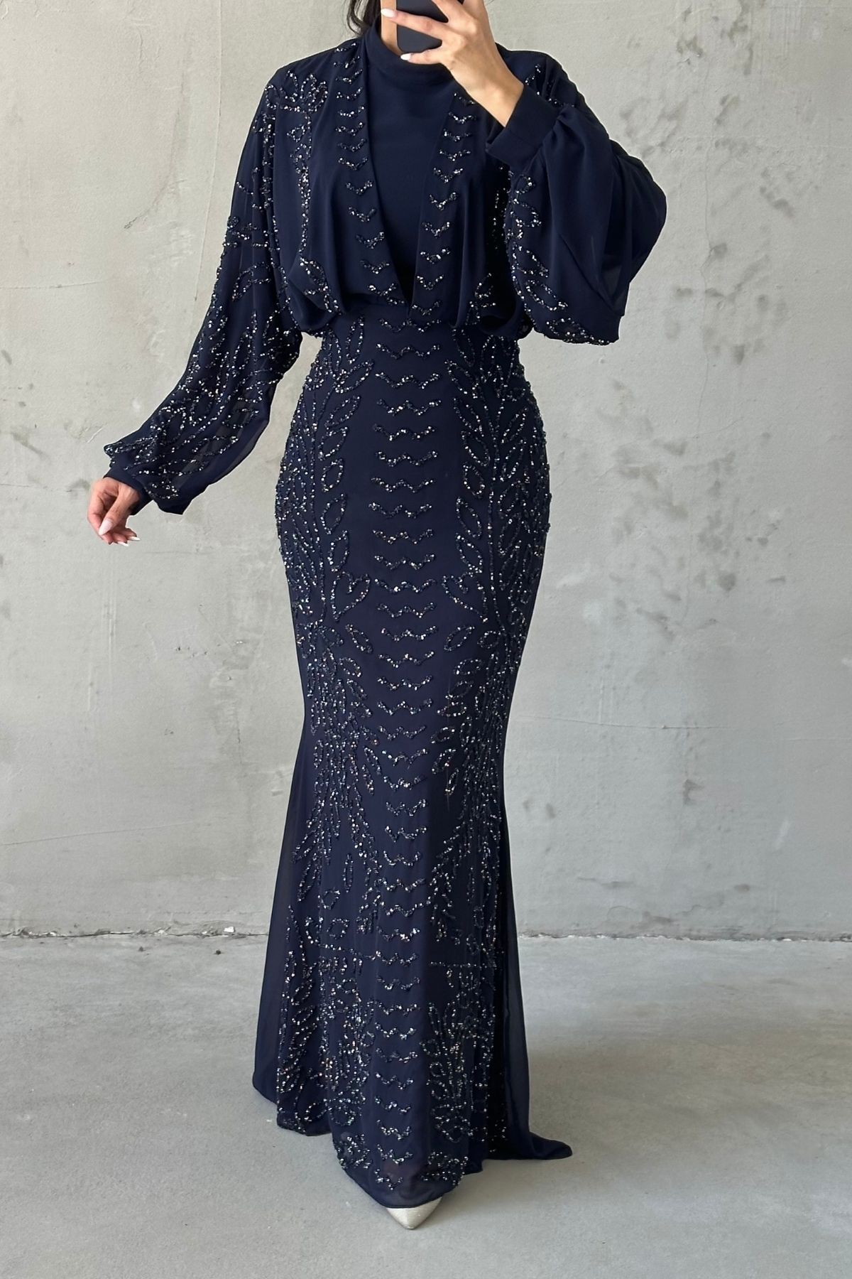 Modern Tasarım Şifon Tesettür Abiye Lacivert