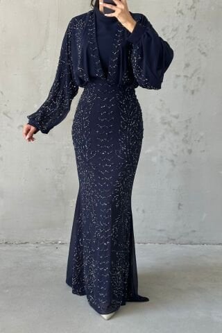 Modern Tasarım Şifon Tesettür Abiye Lacivert