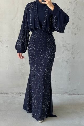 Modern Tasarım Şifon Tesettür Abiye Lacivert