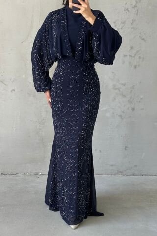 Modern Tasarım Şifon Tesettür Abiye Lacivert