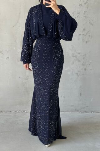 Modern Tasarım Şifon Tesettür Abiye Lacivert