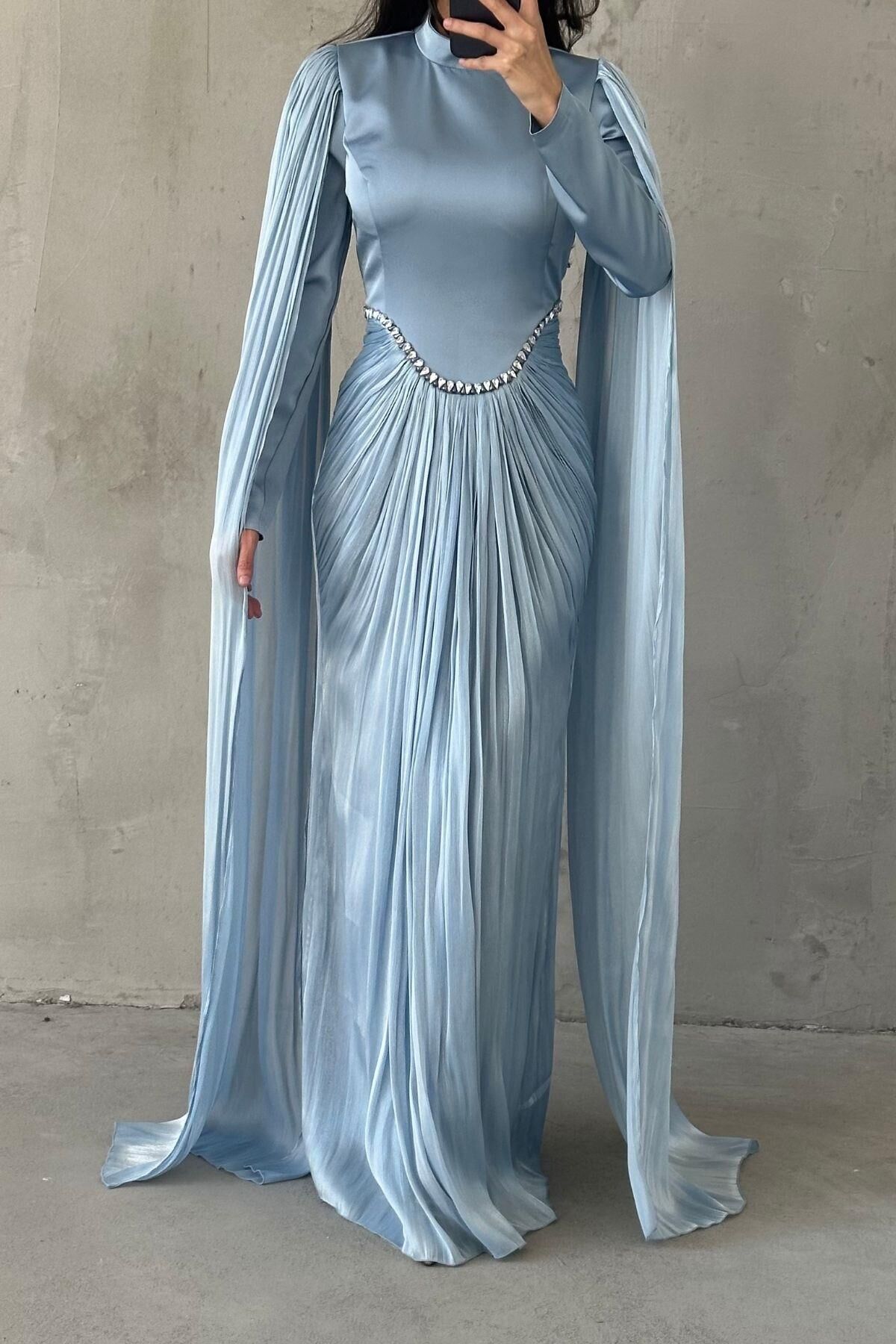 Işıltılı Dokunuş Kol Detaylı Tesettür Abiye İndigo