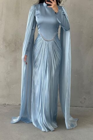 Sparkling Touch Sleeve Detailed Hijab Evening Dress Indigo