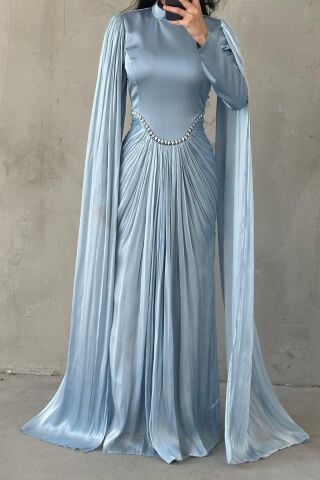 Işıltılı Dokunuş Kol Detaylı Tesettür Abiye İndigo