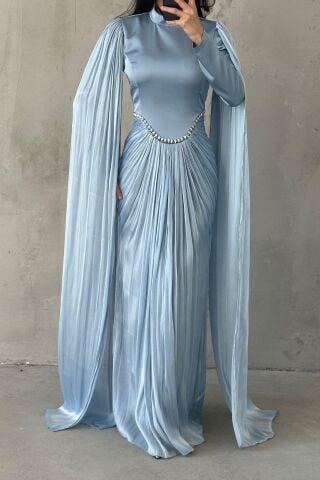 Işıltılı Dokunuş Kol Detaylı Tesettür Abiye İndigo