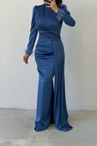 Üstü Ve Kuşağı Pliseli Saten Tesettür Abiye İndigo
