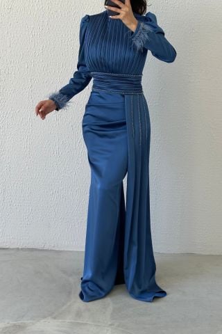 Üstü Ve Kuşağı Pliseli Saten Tesettür Abiye İndigo