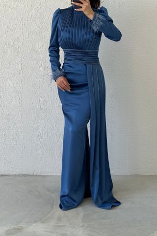 Üstü Ve Kuşağı Pliseli Saten Tesettür Abiye İndigo