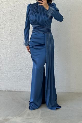 Üstü Ve Kuşağı Pliseli Saten Tesettür Abiye İndigo