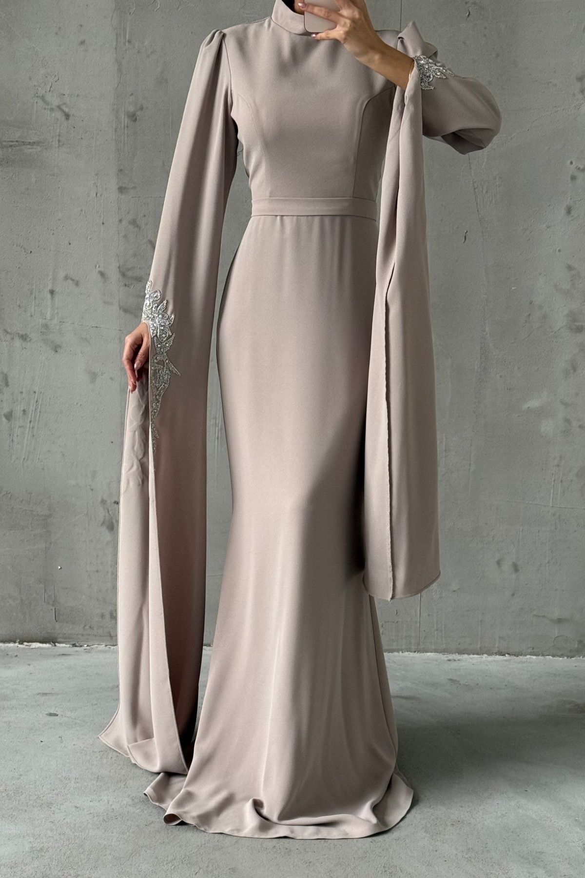 Crepe Fabric Stone Detailed Cape Sleeve Hijab Evening Dress Stone
