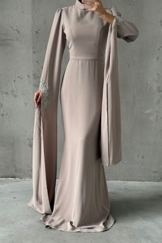 Crepe Fabric Stone Detailed Cape Sleeve Hijab Evening Dress Stone