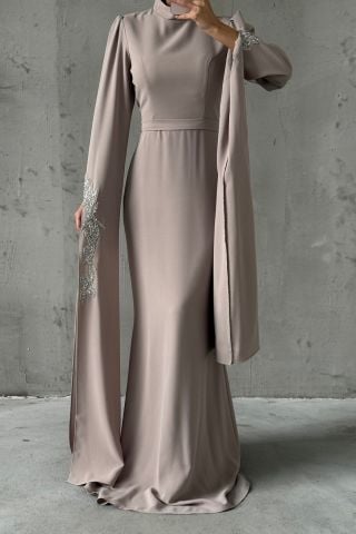 Crepe Fabric Stone Detailed Cape Sleeve Hijab Evening Dress Stone