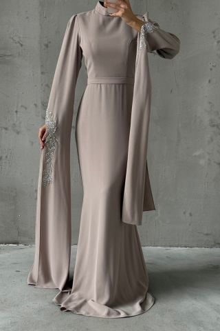 Crepe Fabric Stone Detailed Cape Sleeve Hijab Evening Dress Stone