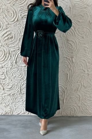 Elegant Velvet Flower Belted Hijab Evening Dress Green