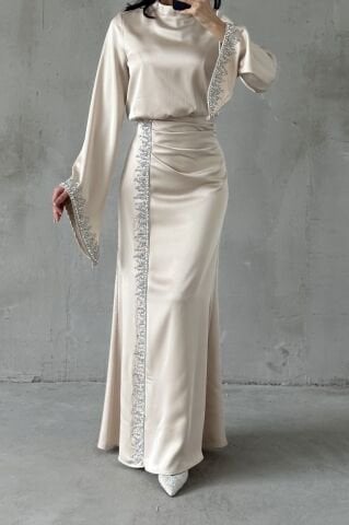 Flowing Sleeve Sparkly Embroidered Satin Hijab Evening Dress Stone