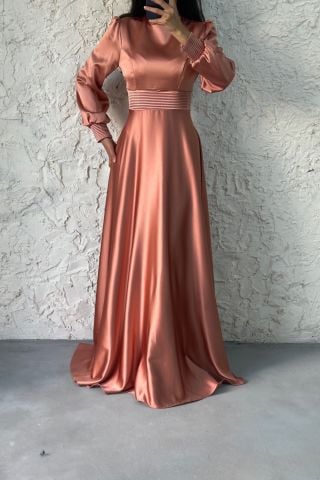 Satin Hijab Evening Dress with Pleated Sleeves and Waist Copper