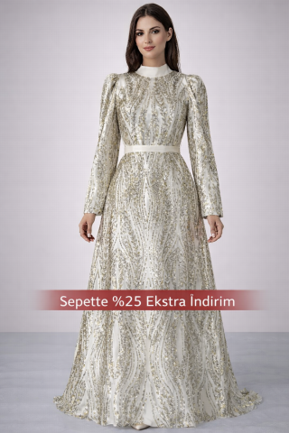 فستان سهرة أنيق مزين بالترتر ومزين بحزام حجاب، إكرو