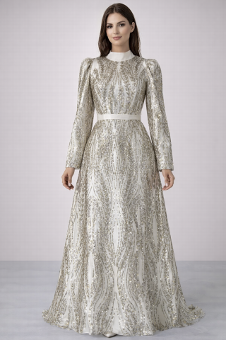 Zarif Pul İşlemeli Kemer Detaylı Tesettür Abiye Ekru