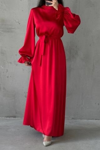 Satin Basic Sash Detailed Hijab Evening Dress Red