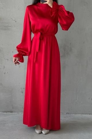 Satin Basic Sash Detailed Hijab Evening Dress Red