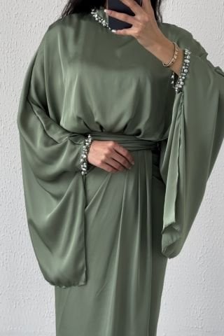 Unique Design Bat Model Satin Hijab Evening Dress Khaki