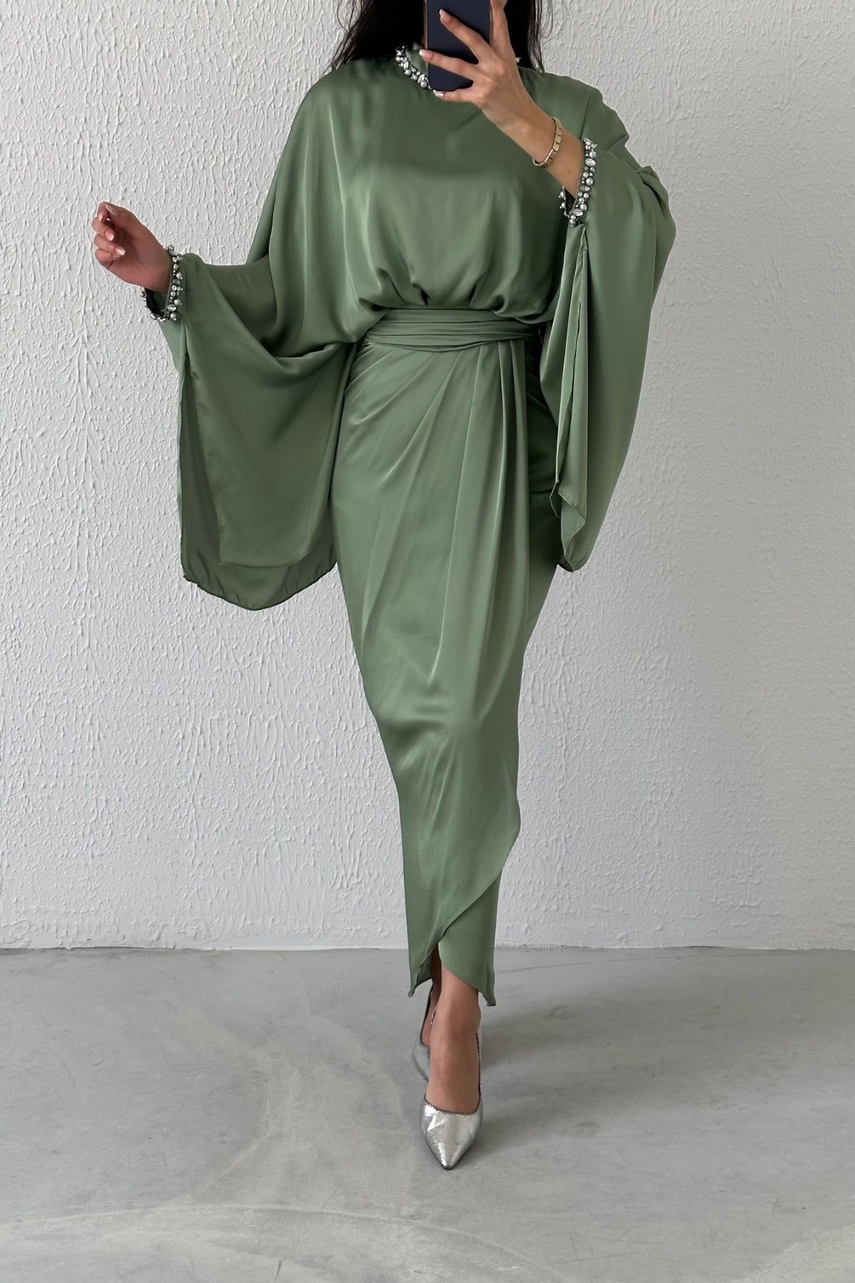Unique Design Bat Model Satin Hijab Evening Dress Khaki