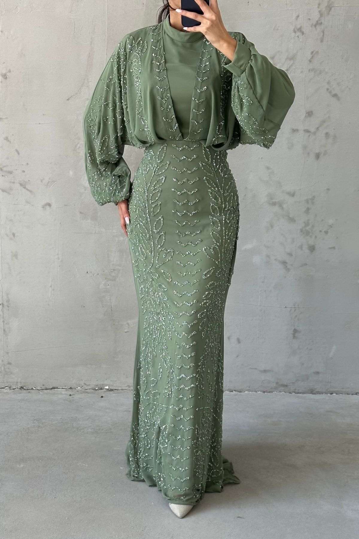 Modern Tasarım Şifon Tesettür Abiye Fıstık Yeşili