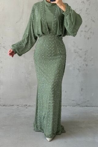 Modern Tasarım Şifon Tesettür Abiye Fıstık Yeşili