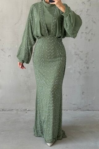 Modern Tasarım Şifon Tesettür Abiye Fıstık Yeşili